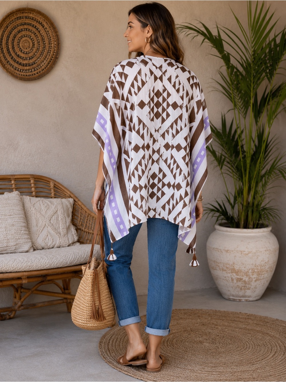 Cotton Santa Fe Pattern Kimono with Tassels White, Purple, and Brown - Picture 3 of 7